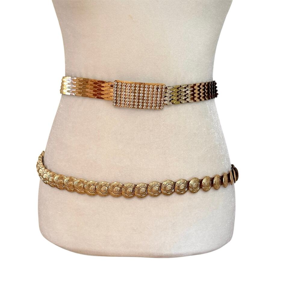 Set of 2 Vintage Stretchy Belts Fishscale Rhinestone 26” Mini Medallion 31” Gold